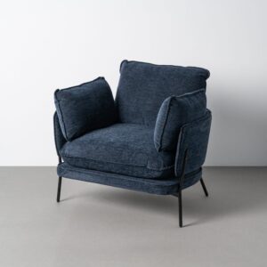 Sillón azul tapizado en tela con estructura metálica estilo contract – 95 x 80 x 79 cm