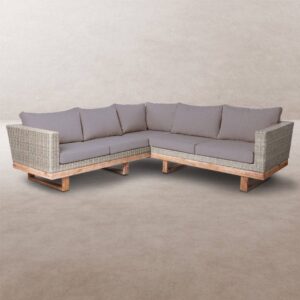 Sofá Rinconera Estilo Rústico | Ratán y Madera Envejecida Gris