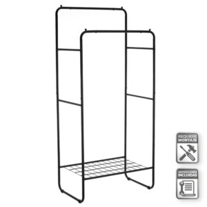 Perchero de Metal Negro con 2 Barras y 1 Leja, 70,5x44,5x157 cm