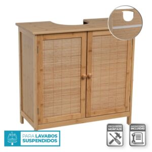 Mueble Bajo Lavabo Suspendido de Bambú 2 Puertas 63x30x60 cm