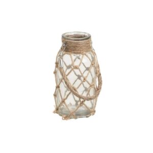 Jarrón Portavelas de Vidrio con Cuerda, 8x8x16 cm, Boca 6 cm