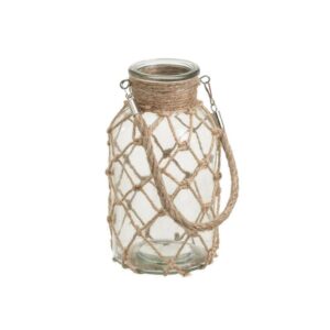 Jarrón Portavelas de Vidrio con Cuerda, 10x10x20 cm, Boca 7 cm