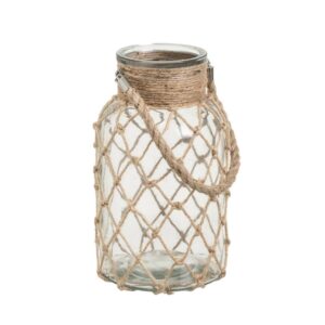Jarrón Portavelas de Vidrio con Cuerda, 14x14x26 cm, Boca 10 cm