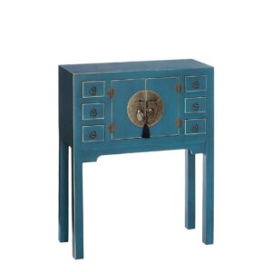 Consola Azul de DM de 63 cm con 6 Cajones y 2 Puertas Pequeñas - Estilo Oriental y Detalles en Bronce