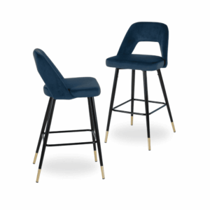 Pack de 2 Taburetes Azules de Tejido y Metal con Detalles Dorados - Altura 105 cm, Ideal para Barras y Mesas Altas, Comodidad y Estilo Moderno