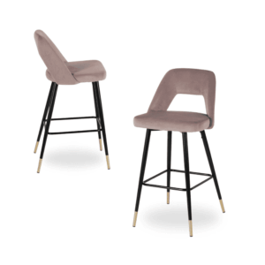 Pack de 2 Taburetes Rosa de Tejido Suave y Metal con Detalles Dorados - Altura 105 cm para Barras y Mesas Altas