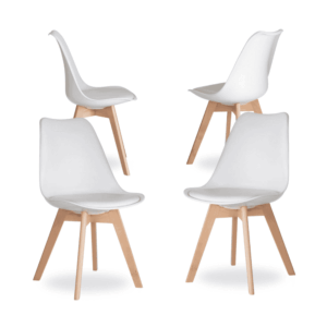 Pack de 4 Sillas Nórdicas Blancas Miles - Diseño Escandinavo con Cojín de PU y Patas de Madera de Haya para Comedores Modernos
