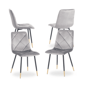 Pack de 4 Sillas de Terciopelo Gris Remy con Estructura de Metal y Detalles Dorados - Elegancia y Comodidad para Comedor y Oficina