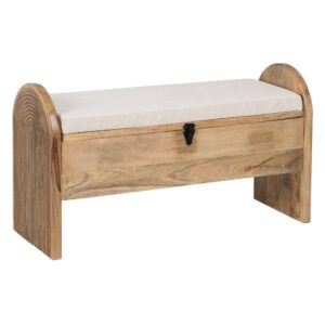 Banqueta-Baúl Natural de Madera de Mango con Cojín de Espuma - Almacenamiento y Asiento 56 cm para Salón, Pasillo y Dormitorio