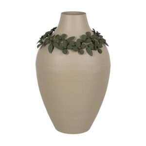Jarrón de Metal Beige y Verde con Flores - 53 cm, Decoración Elegante para el Hogar
