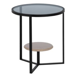 Mesa Auxiliar Moderna de Cristal y Metal Negro con Estante de Madera Natural - 50 cm de Estilo y Funcionalidad