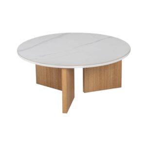 Mesa Centro Blanco-Natural con Top Cerámico Imitación Mármol - Diseño Elegante y Moderno para Salones