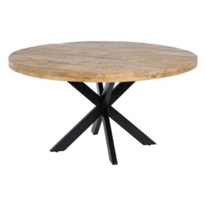 Mesa Comedor Redonda Natural-Negro de Madera Maciza y Hierro - 150 cm de Elegancia Industrial