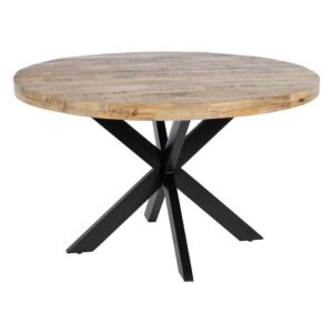 Mesa de Comedor Redonda Natural-Negra de Madera de Mango y Hierro - 130 cm, Estilo Moderno y Rústico, Ideal para Reuniones Acogedoras