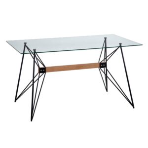 Mesa de Comedor Negra de Metal y Cristal Templado 75 cm - Diseño Moderno y Elegante con Detalles en Madera de Haya