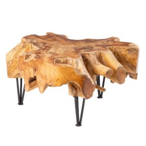 Mesa de Centro de Madera Natural de Teca 80x80 cm - Elegancia y Calidez para tu Salón con Patas de Hierro