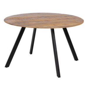 Mesa de Comedor Redonda Natural de Madera de Mango con Patas Negras de Hierro - 130 cm, Diseño Moderno y Acogedor para Salones e Comedores