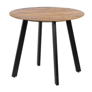 Mesa de Comedor Redonda Natural de Madera de Mango con Detalles Negros de Hierro - 90 cm, Ideal para Espacios Pequeños y Decoración Moderna/Rústica
