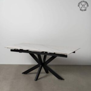 Mesa Extensible Blanco-Negro con Top Cerámico Imitación Mármol - 76 cm, Diseño Moderno y Elegante para Comedores, Hasta 220 cm de Largo, Patas de Metal Negro, Fácil Montaje