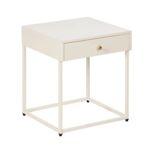 Mesita de Noche Crema Brillante de Acero con Cajón y Tirador Dorado - 50 cm, Estilo Moderno y Funcional para Dormitorios