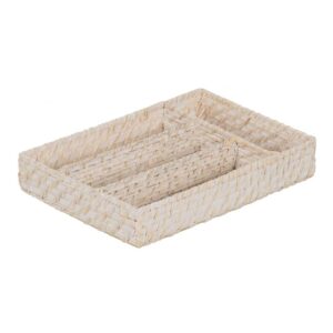 Pack de 2 Bandejas de Cubiertos Blancas de Fibra Natural - Ratán y Bambú, Medidas 34x24,5cm y 7x22,5cm, Ideal para Decoración y Organización