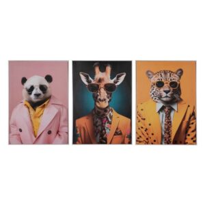 Pack de 3 Cuadros de Animales Coloridos con Marco Blanco - Decoración Moderna 70 cm - Arte Vibrante para Hogar y Oficina