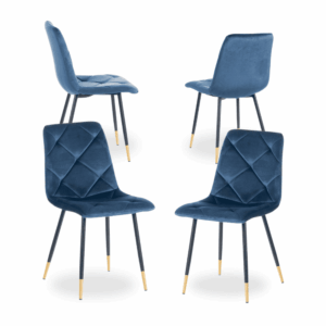 Pack de 4 Sillas de Terciopelo Azul Remy con Estructura de Metal y Detalles Dorados - Elegancia y Comodidad para Comedor y Oficina, 86 cm de Altura