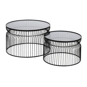 Set de 2 Mesas de Centro Negras Modernas con Estructura Metálica y Sobres de Cristal - Diseño Sofisticado para Salón