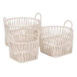 Set de 3 Cestos de Algodón Blanco Tejidos a Mano - Cestas Decorativas de 32 cm, Perfectas para Almacenaje y Decoración del Hogar