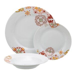 Vajilla 18 Piezas Burdeos-Mostaza de Porcelana | Elegante Set de Platos Apta para Lavavajillas y Microondas | Ideal para Comidas y Eventos Especiales