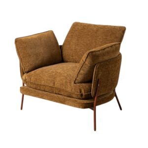 Sillón marrón claro tapizado en tela con estructura metálica – 95 x 80 x 79 cm