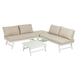 Conjunto de Jardín Beige y Blanco de Aluminio con Sofás, Esquinero Ajustable y Mesa de Centro - Elegancia y Comodidad para tu Terraza